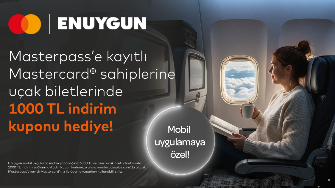 Mastercard logolu Yapı kredi banka kartı ve kredi kartı sahiplerine Enuygun’da 6.000 TL ve üzeri uçak biletlerinde 1.000 TL indirim!