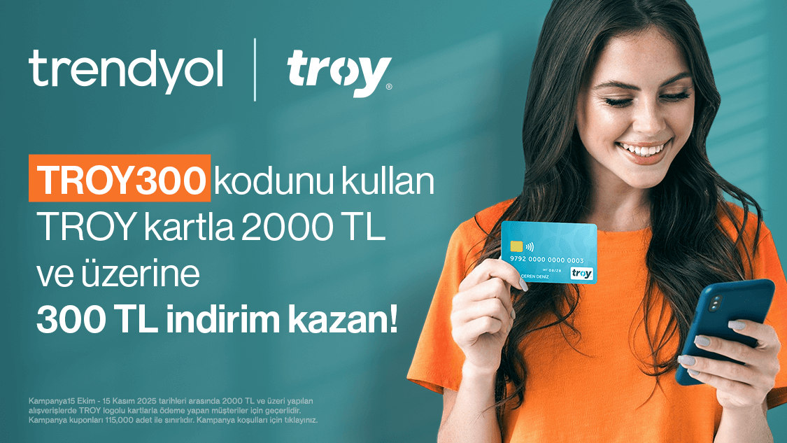 Troy logolu Yapı Kredi banka kartı, ön ödemeli kart veya kredi kartı ile 2.000 TL ve üstü siparişlerinizde TROY300 kodunu kullanarak 300 TL indirim kazanın!