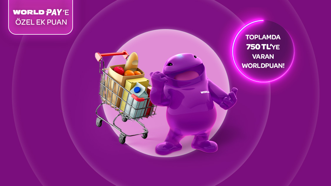 Gıda marketi, kasap, manav ve şarküteri sektörlerinde tek seferde yapacağınız ilk 2.000 TL ve üzeri alışverişinizden sonraki her 2.000 TL ve üzeri alışverişinize 100 TL, World Pay ile ödemelerde ek 25 TL, toplamda 750 TL’ye varan Worldpuan hediye!