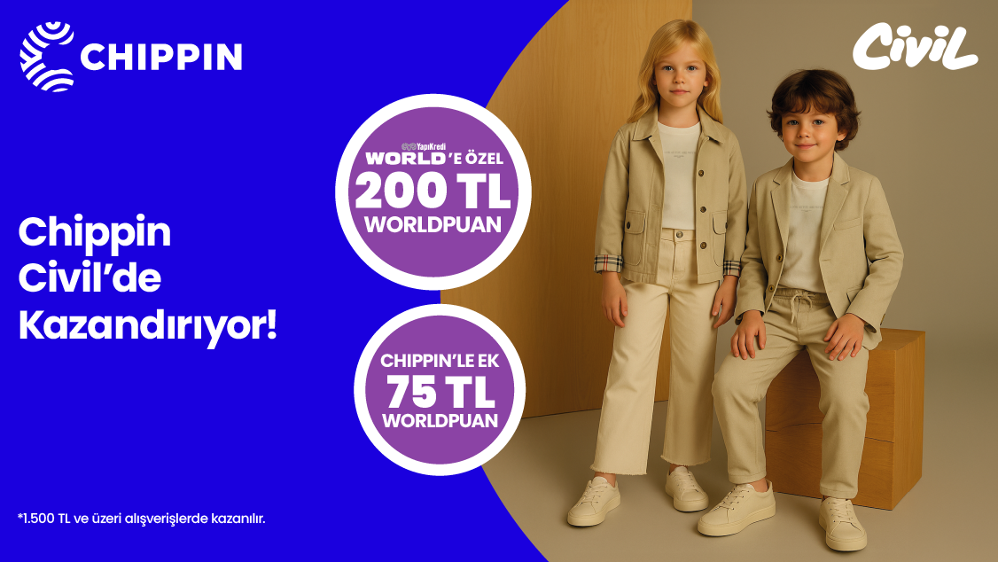 World’e özel Civil’den tek seferde yapılacak 1.500 TL ve üzeri alışverişe 200 TL değerinde Worldpuan! Üstelik Chippin uygulaması üzerinden Civil mağazalarında yapacağınız 1.500 TL ve üzeri alışverişe ek 75 TL Worldpuan!