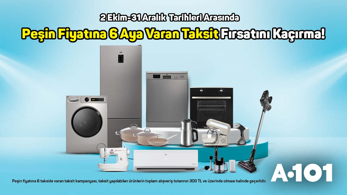 31 Aralık 2025 tarihine kadar A101 mağazalarından, a101.com.tr’den ve A101 uygulamasında peşin fiyatına 6 aya varan taksit fırsatını kaçırmayın!