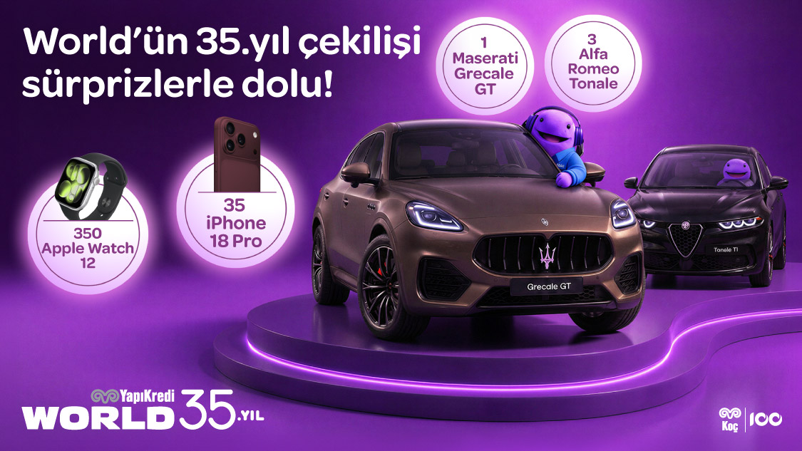 World’ün 35. yılına özel tek seferde yapacağınız harcamalarda her 350 TL için 1 çekiliş hakkı kazanın, harcamayı World Pay ile yapın çekiliş hakkınızı katlayın; 1 Maserati Grecale GT, 3 Alfa Romeo Tonale, 35 iPhone 18 Pro, 350 Apple Watch hediyelerinden birini kazanma şansı yakalayın!