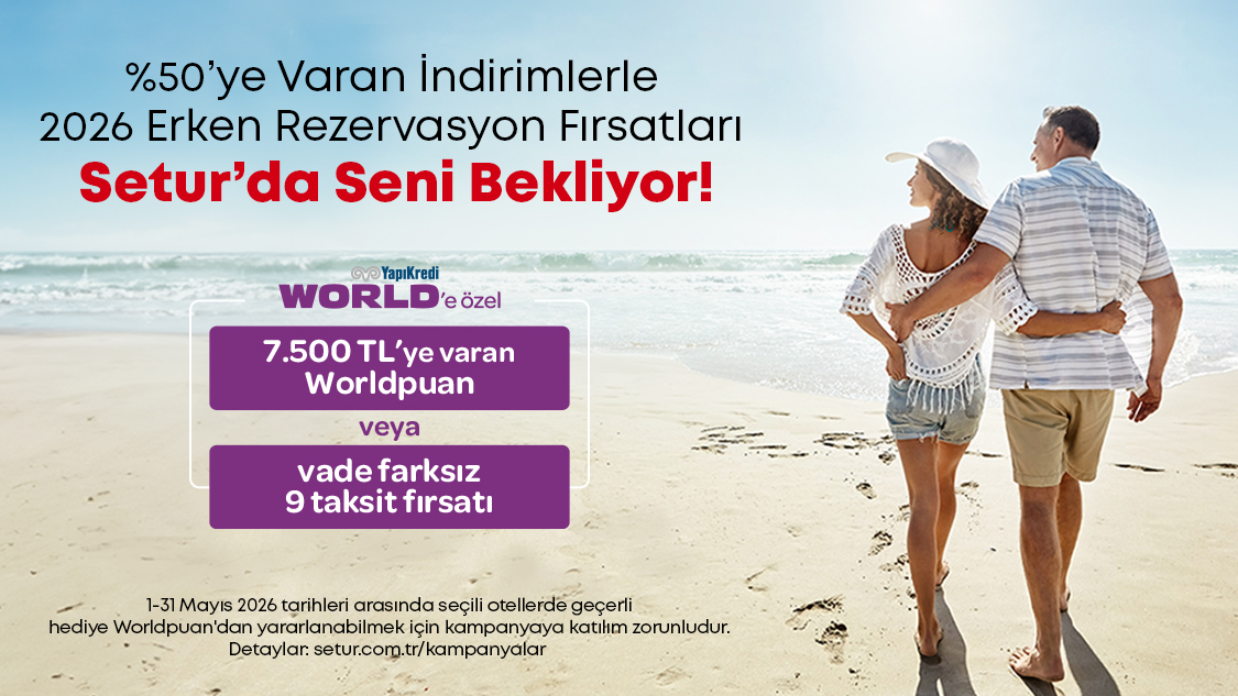 1-31 Mayıs 2026 tarihleri arasında seçili yurt içi, Kuzey Kıbrıs otel, yurt dışı tur ve kültür turu rezervasyonlarınızda peşin, 3 taksitli veya 6 taksitli alışverişlerde  7.500 TL’ ye varan Worldpuan! 