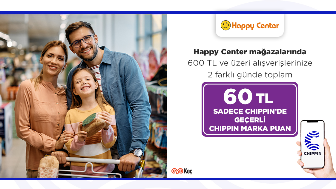 1-30 Kasım 2024 tarihleri arasında Happy Center fiziki marketlerinden tek seferde yapacağınız 600 TL ve üzeri alışverişlerinize 30 TL, 2 farklı günde yapılacak alışverişlere Chippin’de geçerli toplam 60 TL Worldpuan!