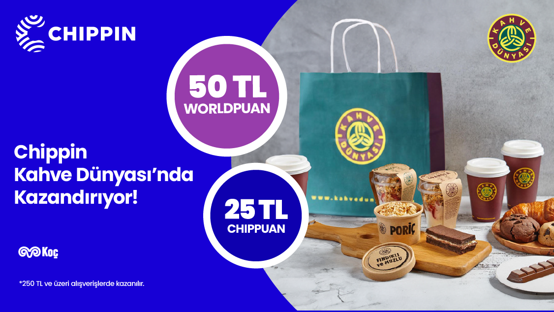 1-30 Haziran 2026 tarihleri arasında World kampanyası kapsamında Chippin üzerinden Kahve Dünyası'ndan tek seferde yapılacak 250 TL ve üzeri alışverişlerinizde Chippin'de geçerli 50 TL Worldpuan ve 25 TL ChipPuan kazanılacaktır.