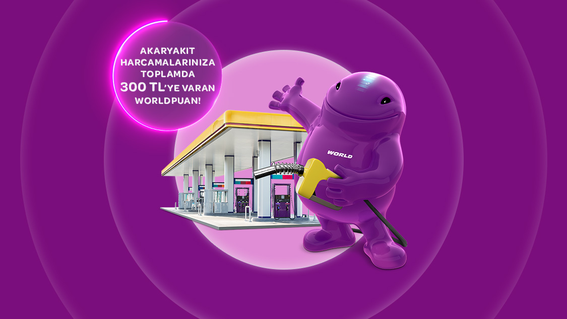 15 Kasım’a kadar tek seferde ve farklı günlerde yapacağınız 4 adet 1.000 TL ve üzeri akaryakıt ve otogaz harcamanıza 250 TL, World Pay ile ödemelerde ek 50 TL toplamda 300 TL’ye varan Worldpuan hediye!