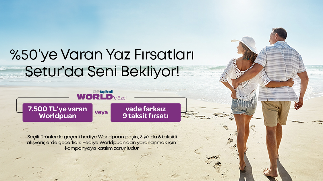 1-31 Temmuz 2025 tarihleri arasında seçili yurt içi, Kuzey Kıbrıs otel ve yurt dışı tur rezervasyonlarınızda peşin, 3 taksitli veya 6 taksitli alışverişlerde  7.500 TL’ ye varan Worldpuan! 