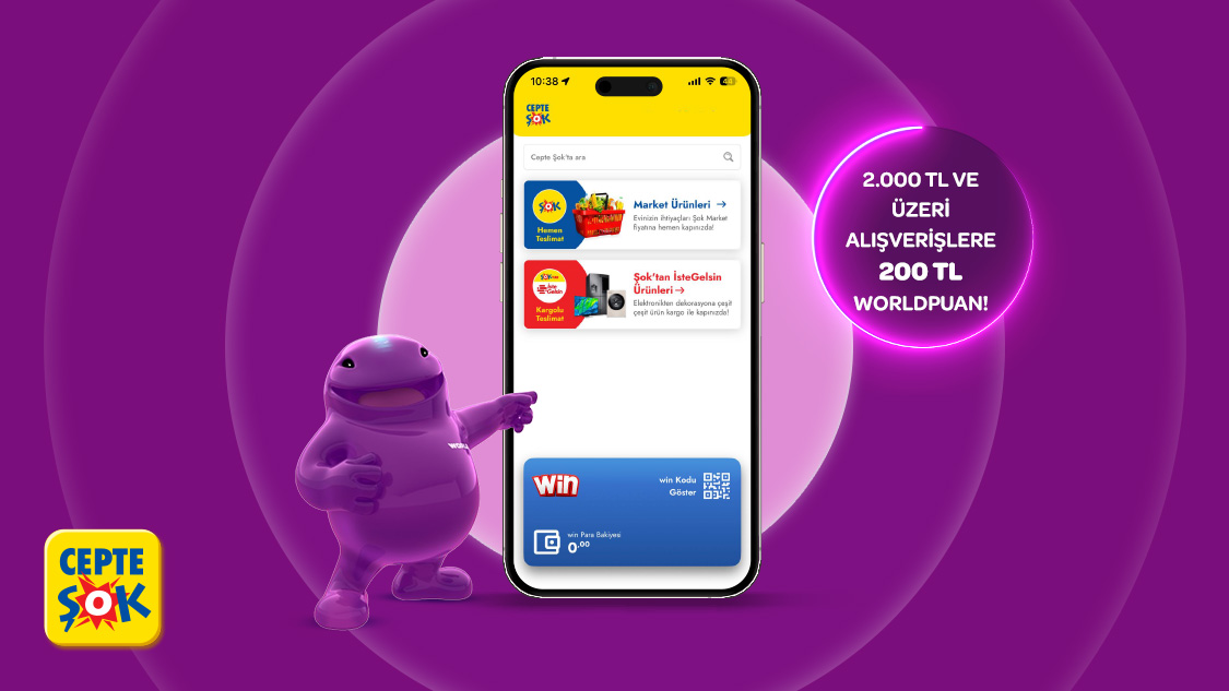 World Mobil’e özel 1-31 Mayıs 2026 tarihleri arasında Cepte Şok’tan yapılacak 2.000 TL ve üzeri alışverişlerinize 200 TL Worldpuan!