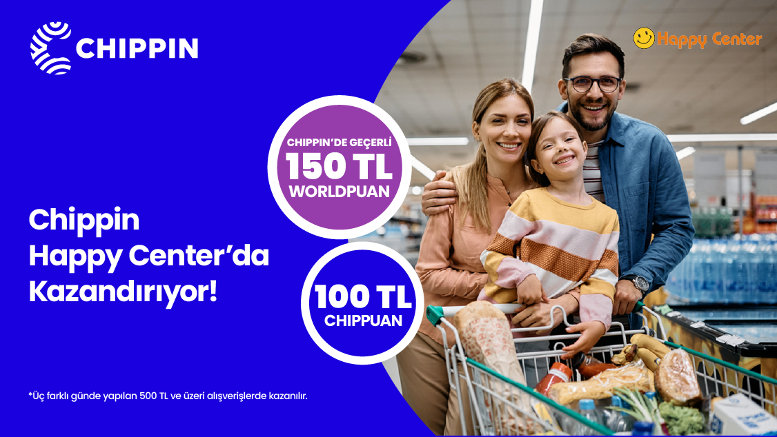 1-30 Haziran 2026 tarihleri arasında World Mobil'e özel Chippin uygulaması üzerinden Happy Center'da 3 farklı günde yapacağınız 500 TL ve üzeri alışverişinize Chippin'de geçerli 150 TL Worldpuan ve 100 TL ChipPuan!