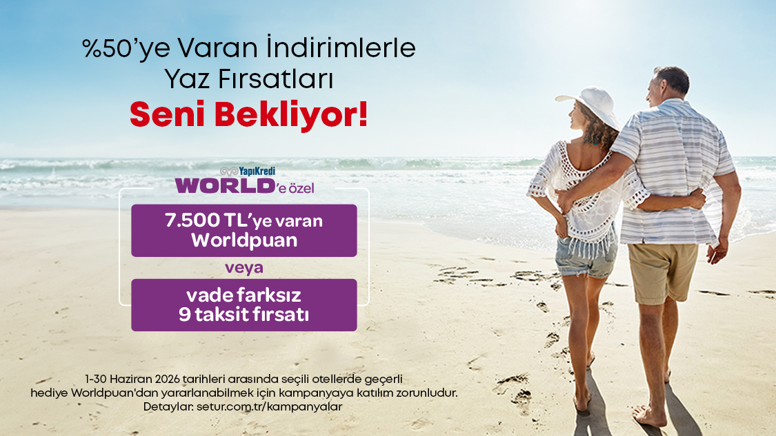 1-30 Haziran 2026 tarihleri arasında seçili yurt içi, Kuzey Kıbrıs otel, yurt dışı tur ve kültür turu rezervasyonlarınızda peşin, 3 taksitli veya 6 taksitli alışverişlerde  7.500 TL’ ye varan Worldpuan! 