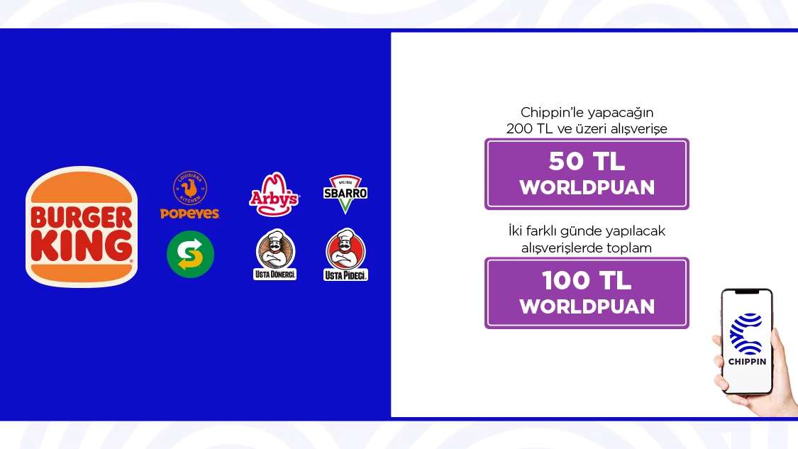 1-31 Ağustos 2024 tarihleri arasında Burger King®, Popeyes®, Arby’s®, Sbarro®, Subway® ,Usta Dönerci® ve Usta Pideci®’den yapacağınız 200 TL ve üzeri alışverişinize Chippin’de geçerli 50 TL Worldpuan kazanılacaktır.