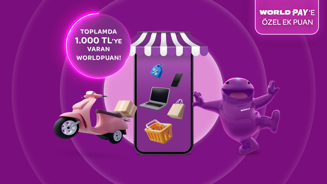 1-31 Ekim tarihleri arasında Amazon.com.tr, Dolap.com, Hepsiburada, Idefix, n11, Pazarama, PttAVM, Trendyol ve TrendyolMilla web site ve mobil uygulamalarından tek seferde yapacağınız her 2.500 TL ve üzeri alışverişinize 150 TL, World Pay ile ödemelere ek 50 TL, toplamda 1.000 TL’ye varan Worldpuan!