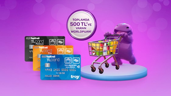 Troy logolu TLcard’dan gıda marketi alışverişlerinize 75 TL, World Pay ile ödemelerde ek 25 TL, toplamda 500 TL’ye varan Puan hediye!